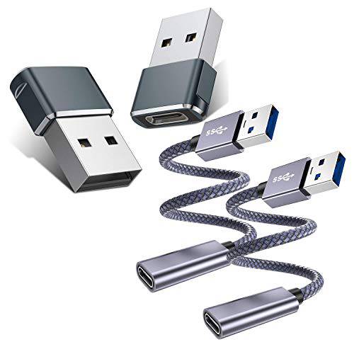 USB C Female to A Male 어댑터 번들,묶음 타입 C to A 3.0 커넥터, 호환가능한 아이폰 11 12 미니 프로 맥스, 아이패드 8 에어 4, 삼성 갤럭시 노트 10 S20 플러스 울트라 (2 어댑터 and 2 Cable-Adapters)