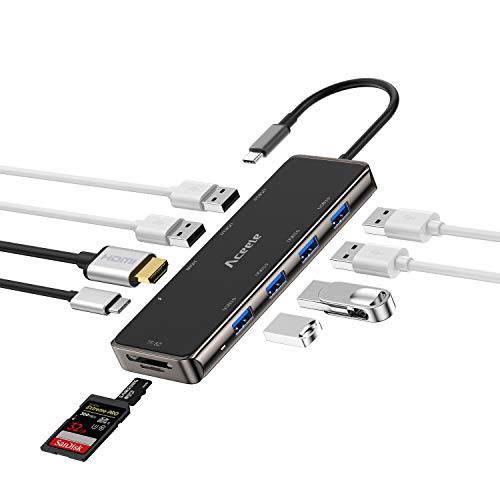 USB C 허브, Aceele 10 in 1 USB C 어댑터 6 USB 3.0 포트, USB C to 4K HDMI, SD/ TF 카드 리더, 리더기 포트, Type-C 파워 Delivery, 적용가능한 맥북 프로 2019, 맥북 에어 2018/ 2019 and More