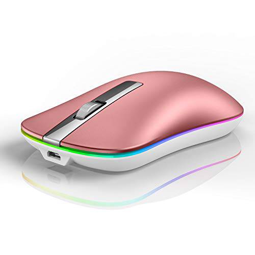 TENMOS T5 LED 무선 마우스, 2.4G 무소음 슬림 여행용 마우스 USB 리시버 Type-C 어댑터, 충전식 무선 컴퓨터 마우스 노트북/ PC/ Mac (로즈 골드)