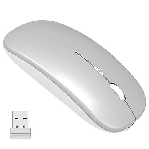 무선 마우스, 슬림 무소음 클릭 충전식 2.4G 무선 마우스 1600DPI 미니 광학 휴대용 여행용 무선 마우스 USB 리시버 PC 노트북 컴퓨터 Mac 맥북 (실버)