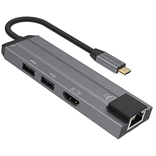 Kkf USB C 허브 맥북 프로, 휴대용 USB C 탈부착 스테이션 5 in 1Multiport 어댑터 RJ45 이더넷 포트, 4K HDMI, PD 포트,  USB-C 데이터 포트, 2 USB 3.0 and 2.0 포트, Mac 북& PC and More