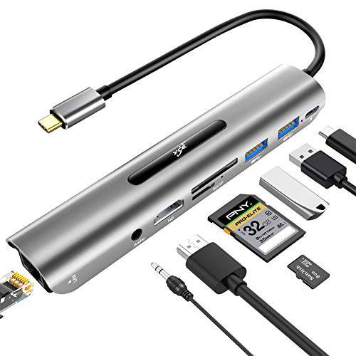 USB C 허브, 8-in-1 타입 C 허브 이더넷 포트, 4K USB C to HDMI, 2 USB 3.0 포트, SD/ TF 카드 리더, 리더기, 100W 파워 Delivery, 3.5mm 오디오 잭, 윈도우, Mac OS, 서피스 프로, More USB-C 노트북