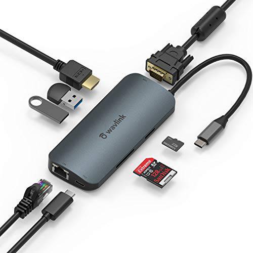 USB C 탈부착 스테이션, WAVLINK 8-in-1 USB C 허브 어댑터 4K@30HZ HDMI, 1080P@60Hz VGA, 87W PD, 기가비트 이더넷, 2 USB 3.0, 카드 리더, 리더기 USB-C 디바이스