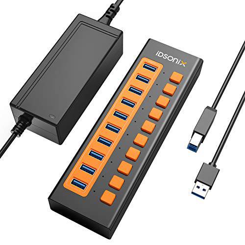 iDsonix USB 3.0 허브, 10-Port 12V/ 4A 전원 USB 허브 BC1.2 (5V2.4A) 고속충전 5Gbps 고속 전송 개인 스위치 알루미늄 합금 USB 분배기 노트북, PC, HDD, SSD and More