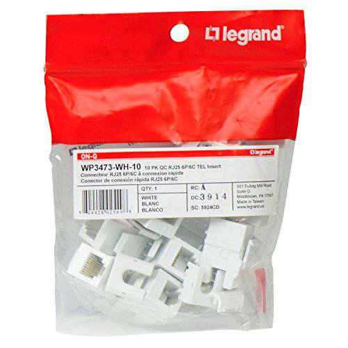 Legrand - On-Q WP3473WH10 Contractor 퀵커넥트 RJ25 6-Position 6-Conductor 전화 키스톤 인서트, 10 팩, 화이트