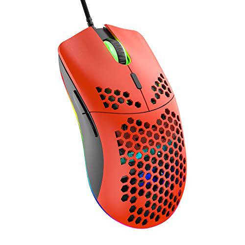 유선 경량 게이밍 마우스, 6 RGB 백라이트 마우스 7 버튼 프로그래밍가능 드라이버, 6400DPI 컴퓨터 마우스, 초경량 벌집패턴 쉘 울트라위브 케이블 마우스 PC 게이머, 엑스박스, PS4(Red)