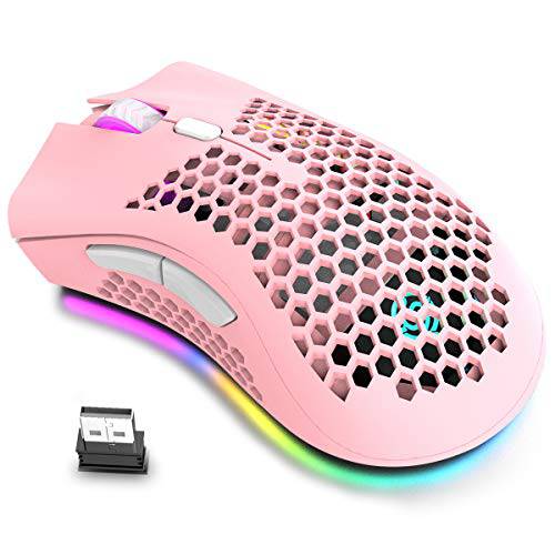 무선 경량 게이밍 마우스, 초경량 벌집패턴 마우스 RGB 백라이트, 7 버튼, 조절가능 DPI, USB 리시버, 2.4G 무선 충전식 인체공학 광학 센서 마우스 PC Mac 게이머 (핑크)