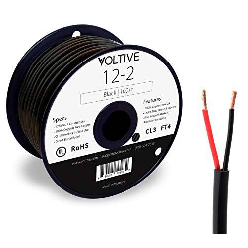 Voltive 12/ 2 스피커 와이어 - 12 AWG/ 게이지 2 컨덕터 - UL Listed in 벽면 (CL2/ CL3) and 아웃도어/ In 그라운드 (다이렉트 Burial) Rated - Oxygen-Free 구리 ( OFC) - 100 Foot 스풀 - 블랙