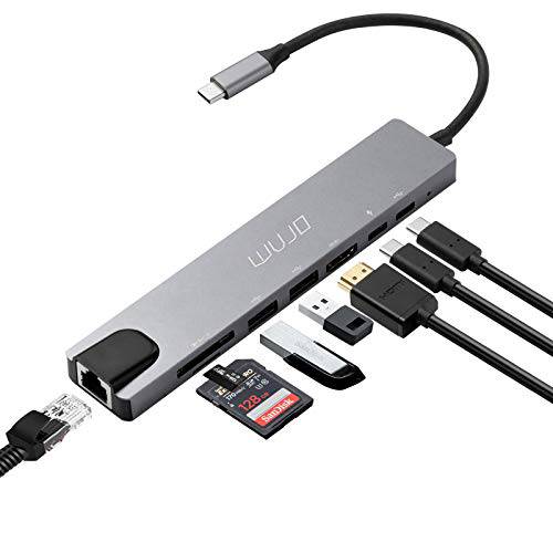 USB C 허브, WUJO 8 in 1 USB C 어댑터 4K HDMI, 1Gbps 이더넷, 87w 타입 C PD, 썬더볼트 3 USBC Port, 2 USB 3.0, SD/ TF 카드 리더, 리더기, 호환가능한 맥북 프로/ 에어, Pixelbook, XPS, 크롬북.