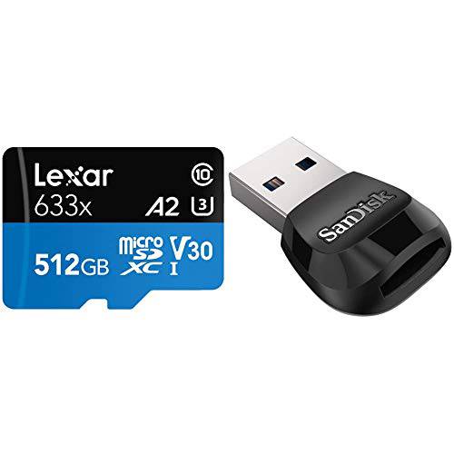 Lexar High-Performance 633x 512GB MicroSDXC UHS-I 카드 SD 어댑터 (LSDMI512BBNL633A)& SanDisk - SDDR-B531-GN6NN MobileMate USB 3.0 마이크로SD 카드 리더, 리더기 - SDDR-B531-GN6NN 블랙