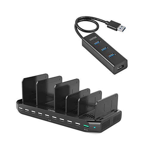 [번들,묶음] 4- 포트 USB 3.0 허브 롱 케이블 48-inch 마이크로 USB 충전 포트& QC3.0 충전 스테이션 다양한 디바이스