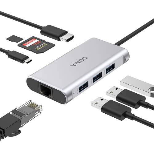 USB C 허브 8-in-1 4K HDMI, YIYOO 기가비트 이더넷, 3 USB 3.0, 100W PD 충전 and SD& 마이크로 SD 카드 리더, 리더기 USB C 어댑터 알루미늄 맥북 프로/ 에어 (썬더볼트 3)