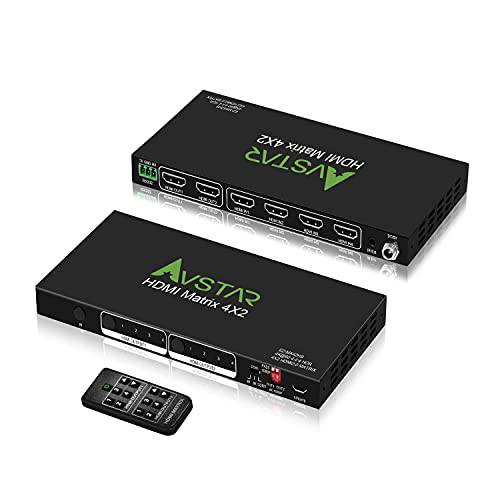 HDMI 매트릭스 4x2 4K 60Hz 4:4:4 HDR Atmos EDID 스케일러 스위치 - 4K 1080P or D-o-l-b-y 비전 Atmos 동기화, 4K HDMI 다운 스케일, HDMI 스위치 4 in 2 Out HDCP2.2, RS232 IR EXT. 리모컨 AV42HS