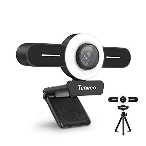 Tenveo T1 1080P 웹캠 링 라이트 마이크,마이크로폰, USB HD PC 웹캠 스트리밍 게이밍 회의 공부 삼각대 포함 (블랙)
