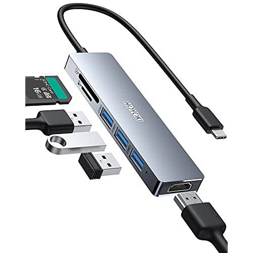 HOYOKI USB C 허브 어댑터, 6 in 1 타입 C 허브, 알루미늄 합금 USB C 어댑터 4K HDMI, USB 3.0 데이터 포트 5Gbps, SD/ TF 슬롯 호환가능한 맥북 프로/ 에어, Dell XPS, 크롬북, 삼성 and More