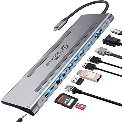 USB C 허브 GOODPRODUCT 4U 11 in 1 탈부착 스테이션 4K HDMI, 4x5Gbps 3.0 USB, RJ45 이더넷, 100W 파워 USB-C 충전, 3.5mm 오디오, VGA, 마이크로/ SD 카드 리더, 리더기 맥북/ 프로/ 에어, 아이패드, 삼성 갤럭시
