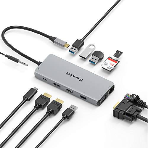 USB C 허브, WAVLINK 12-in-1Triple 디스플레이 Type-C 어댑터 듀얼 4K HDMI and 2K VGA 포트, 87W PD 3.0 충전, 이더넷 포트, 마이크로SD and SD 카드 리더, 리더기, 3.5mm 오디오 잭 and 2 USB 3.0& 2 USB 2.0