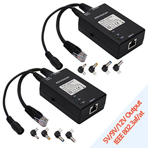 ANVISION 2-Pack 액티브 기가비트 PoE 분배기 어댑터 Multi-Size 팁, IEEE 802.3af Compliant, up to 100 미터 (328 Feet), DC 5V/ 9V/ 12V 파워 출력 IP카메라 AP Voip 폰 and More