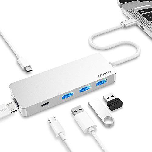 EQUIPD USB C 허브, 알루미늄 USB 타입 C 어댑터 87W USB-C PD 충전 포트, 4K HDMI 출력, 3 USB 3.0 포트, USB-C 포트, 호환가능한 맥북 프로 13 15, 맥북 에어 13, 맥북 and More - 실버