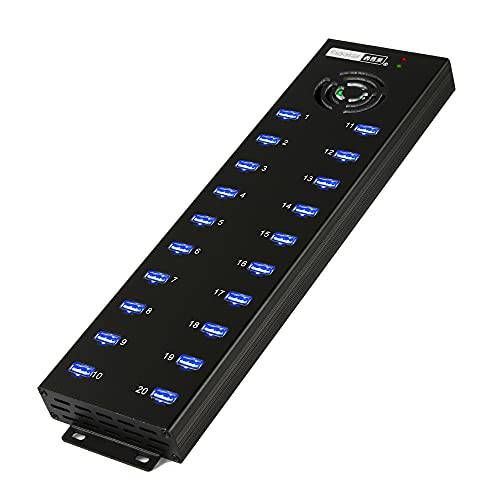 Sipolar 20 포트 Industiral USB 2.0 허브 - 전원 데이터 and 충전 허브 - 12V 10A 외장 파워 어댑터 - 출력 of 1.2A Per USB 포트 - 알루미늄 합금 포장 - Mouting 브라켓 - LED 인디케이터