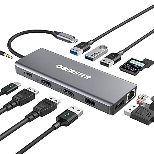 USB C 허브 탈부착 스테이션, 업그레이드된 OBERSTER 13 in 1 타입 C 허브 동글 어댑터 (4K 듀얼 HDMI/ DP/ 4 USB 포트), 트리플 디스플레이 호환가능한 윈도우& 맥북 프로, 맥OS only 지원 미러 디스플레이