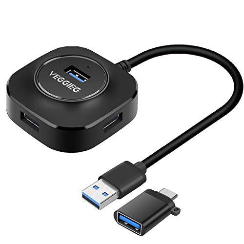 Veggieg 4 포트 USB 3.0 허브 어댑터 About 8 인치 USB 케이블 Attached USB A to USB 타입 C 커넥터 어댑터 맥북, Mac 프로, Mac 미니, 아이맥, 서피스 프로, XPS, 노트북 and More (블랙)