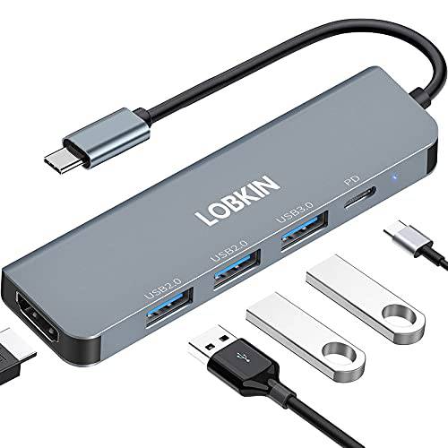 USB C 허브, LOBKIN 5 in 1 USB C 동글 맥북 프로 에어 USB 어댑터, 타입 C 허브 HDMI, 파워 Delivery 100W, 1 USB 3.0 포트, 2 USB 2.0 포트, USB-C Multi-Port 어댑터 노트북, 크롬북, Mac 악세사리