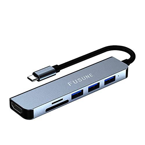 USBC 허브 4K HDMI 멀티포트 어댑터 USB C 도크 4K HDTV 출력 FUSUNE 6 IN 1 Type-C 허브 탈부착 스테이션 USB3.0 X 1 2.0 X 2 포트 SD/ TF 리더, 리더기 슬롯 삼성 맥북 아이패드 프로 크롬북 HP XPS
