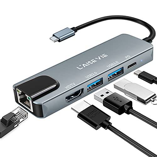l’aise vie USB C 허브, 5-in-1 USB C to 랜포트 4K HDMI 어댑터, 이더넷 포트, 1 USB 3.0& 2.0 포트 PD 100W 충전 탈부착 스테이션 맥북 프로, 아이패드 프로, XPS