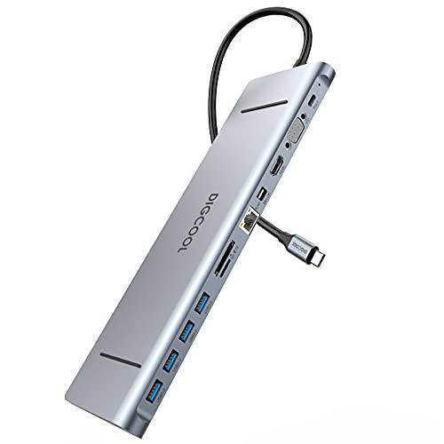 DIGCOOL USB C 허브, 12 in 1 USB C 노트북 탈부착 스테이션 모니터 타입 C 어댑터 도크 4K HDMI, 1080P VGA, 60W PD, DP, 1000M RJ45, 4USB3.0, SD/ TF 3.5mm 오디오 탈부착 스테이션 호환가능한 맥북