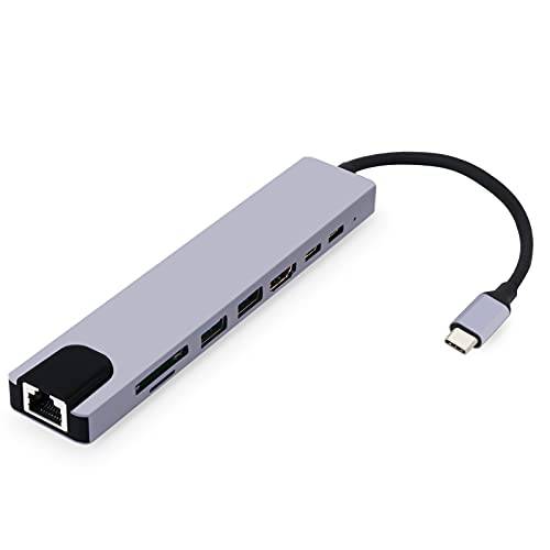 USB C 허브, 8 in 1 USB C 허브 멀티포트 어댑터 HDMI 4K 출력, 파워 Delivery 타입 C 충전 7 포트 허브, USB 허브 SD 카드 리더, 리더기, RJ45 이더넷, 3.0 USB C 허브 맥북 프로 아이패드