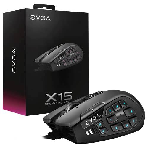 EVGA X15 MMO 게이밍 마우스, 8k, 유선, 블랙, 맞춤형, 16, 000 DPI, 5 Profiles, 20 버튼, 인체공학 904-W1-15BK-KR