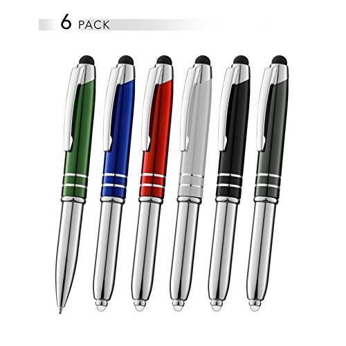 스타일러스펜, 터치펜 터치스크린 디바이스, 태블릿, 아이패드, 아이폰, Multi-Function 정전식 펜 LED 플래시라이트,조명, 볼펜 잉크 펜, 3-in-1 메탈 펜, 멀티, 6PK