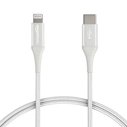 아마존 Basics 나일론 USB-C to 라이트닝 케이블 케이블, MFi 인증된 충전기 애플 아이폰 11/ 12, 아이패드, 10, 000 Bend Lifespan - 실버, 6-Ft