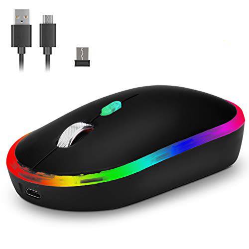 충전식 LED 무선 마우스, CHONCHOW 무선 무소음 마우스, 2.4G USB 컴퓨터 마우스 USB 리시버 PC Laptop(Black)