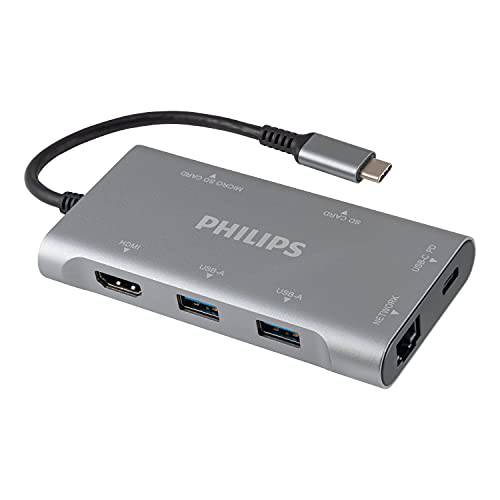 필립스 USB C 허브 파워 Pass-Through, 7-in-1 멀티포트 어댑터, 1 HDMI 4K@30Hz, 60W USB-C 파워 Delivery, 2 USB 3.0, 1 이더넷, 1 SD 1 마이크로SD 카드 리더, 리더기, DLK9120C/ 27