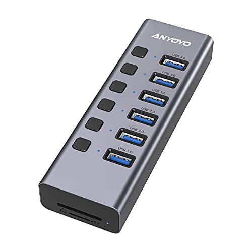 전원 USB 3.0 Hub-ANYOYO 범용 8-Port USB 분배기 6 USB 3.0 데이터 포트, SD/ TF 카드 리더기, on/ Off 파워 스위치, 5V/ 4A AC 어댑터, PC, 노트북, 맥북 프로/ 에어, 서피스