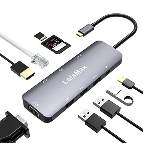 USB C 어댑터, 9-in-1 USB C to USB 허브 4K HDMI, 이더넷, SD/ TD 카드 리더, 리더기, USB 3.0, VGA, USB 2.0 and 파워 Delivery 포트, lalamax 타입 C 어댑터 호환가능 맥북 and 윈도우