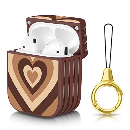 AIGOMARA 브라운 에어팟 케이스 에어팟 1& 2 귀여운 줄무늬 Non-Slip 엣지 자석 클로져 디자인 충격방지 보호 하드 커버 에어팟 1& 2 충전 박스 스트랩 버클 (브라운 Love Heart)