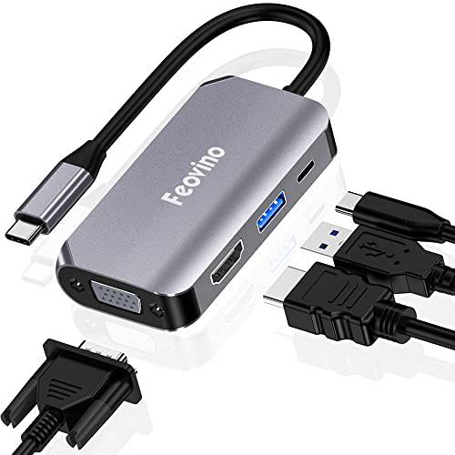 USB C to HDMI VGA 어댑터 USB3.0/ USB-C PD 충전 포트, Feovino 4 in 1 타입 C 허브 멀티포트 어댑터 (알루미늄 쉘) 호환가능한 맥북 프로, 아이패드 프로, 아이맥, XPS and More