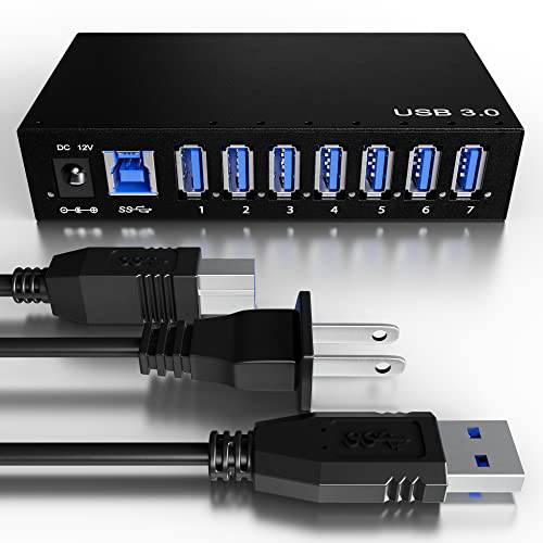 i-Tikol USB 허브 3.0 - 7 포트 전원 USB 허브 분배기 - High-Speed 데이터 전송 - 알루미늄 합금 USB 허브 36W/ 12V/ 3A 파워 어댑터, LEDs and 마운팅 브라켓 - 블랙