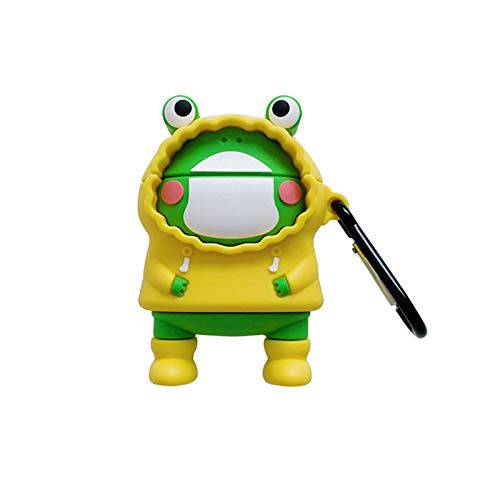 Rertnocnf 3D 귀여운 Stylish Kawaii 비옷 Frog 디자인 에어팟 커버 Creative 동물 소프트 실리콘 무선 이어폰 스킨 충격방지 보호 케이스 호환가능한 에어팟 1/ 2 후크 Yellow 그린
