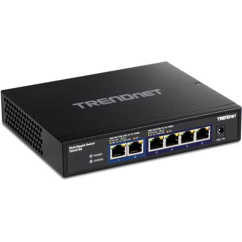 TRENDnet 6-Port 10G 스위치, 4 x 2.5G RJ-45 Base-T 포트, 2 x 10G RJ-45 포트, 60Gbps 변환 용량, 벽면 장착가능, 10 기가비트 네트워크 커넥션, 라이프타임 프로텍트, 블랙, TEG-S762