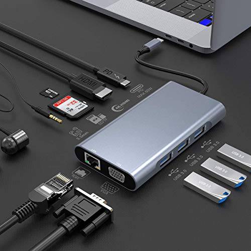 10 in 1 USB C 허브 더블 디스플레이 USB C 탈부착 스테이션 4K HDMI, VGA, 기가비트 이더넷, 파워 Delivery 타입 C 포트, SD/ TF 카드, 3 USB, 오디오, USB C 도크 호환가능한 맥북, Other USB C 노트북