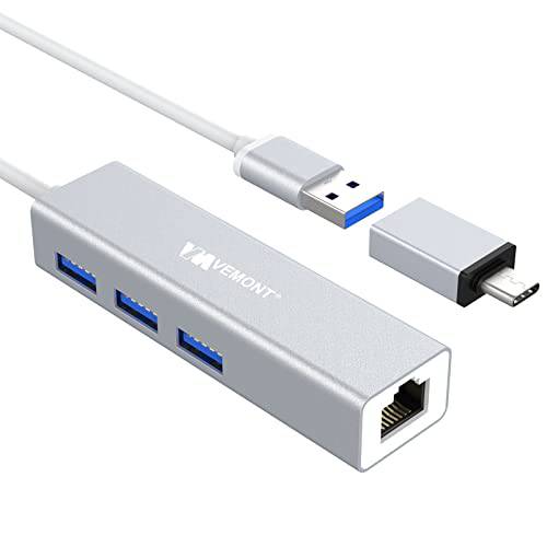 USB 허브 3.0 기가비트 이더넷 어댑터, VEMONT 알루미늄 USB 3.0 to 1000M 랜 포트& 3 USB 3.0 포트, USB 분배기 타입 C 어댑터 호환가능한 Mac, 크롬북, 서피스, and Other PC/ 노트북
