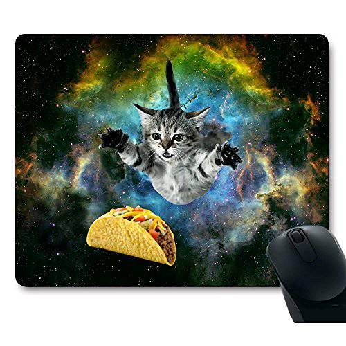 Curious 고양이 플라잉 Through 스페이스 Reaching a Taco in 갤럭시 스페이스 웃기는 마우스 패드