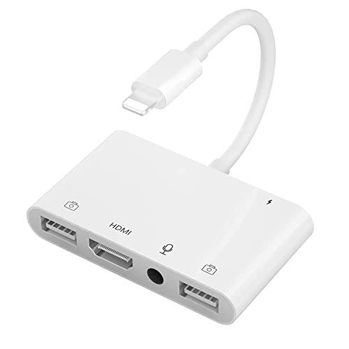 HDMI 어댑터  아이폰 to TV,  아이폰 마이크,마이크로폰 어댑터 Live-Streaming 충전 포트, 듀얼 USB Female OTG 어댑터 호환가능한  아이폰/ iPad-Support iOS 15…
