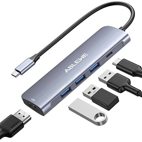 USB C to HDMI 어댑터, ABLEWE 5 in1 USB C 허브, 썬더볼트 3 to HDMI 허브 4K@30HZ HDMI, 3*USB 3.0 and 87W PD 충전 어댑터 맥북 프로/ 에어 2020, 아이패드 프로, Pixelbook, XPS, 갤럭시, and More