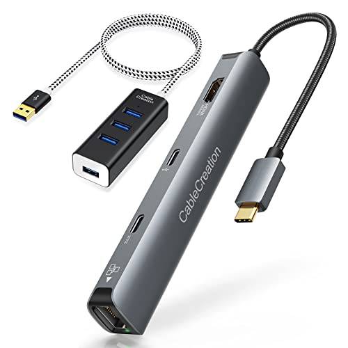 USB C 허브 멀티포트 어댑터, CableCreation 6-in-1 USB-C 허브 번들,묶음 4-Port USB 3.0 허브 4.9 Feet 연장 롱 케이블