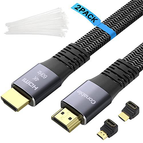 플랫 HDMI 케이블 2 Feet (2 팩), 18Gbps 4K 2.0 고속 Braided 케이블 (2ft to 50ft), 퓨어 구리, 3D 4K@60Hz 2160p 1080p HDR HDCP 2.2 ARC 번들 50 케이블 머리고정 and 2 HDMI 어댑터 - 2 ft